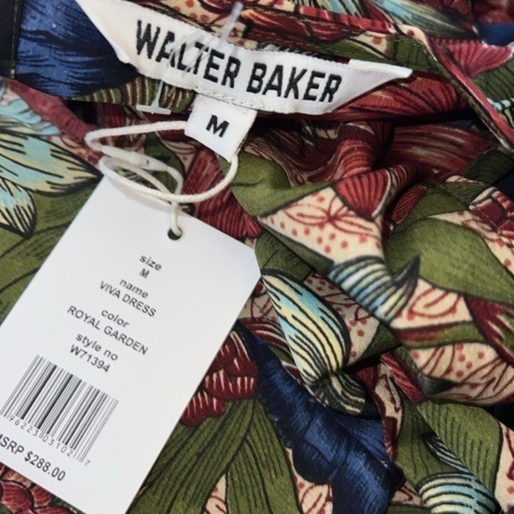 Walter Baker Red Blue Floral Puff Sleeve Holiday Party Midi Dress Women's M NWT - Picture 2 of 9